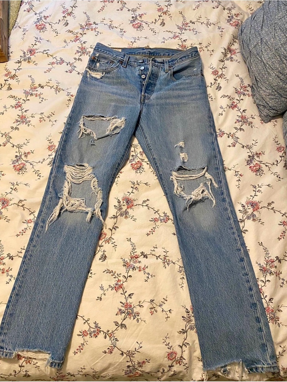 Levi's 501 Light Blue Distressed Straight Leg Jeans with button fly size 6